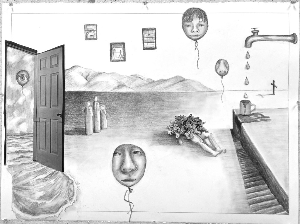 A graphite drawing of a surrealist landscape featuring ballon faces, windows, a dripping faucet, and an open door that leads to an ocean