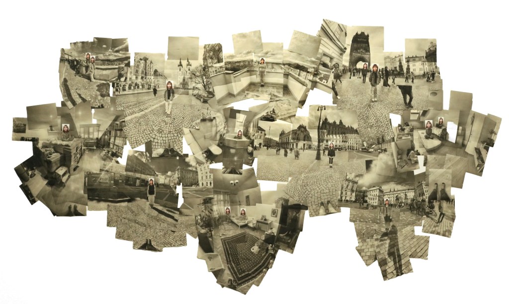 a group of collages of panoramic cityscapes with a superimposed image of a passport photo